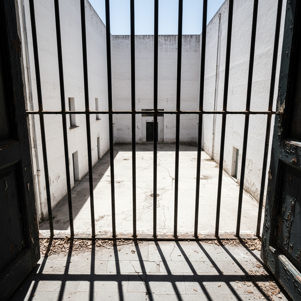A weathered, wrought-iron balcony railing overlooking a sun-bleached, empty courtyard, its bars forming an unforgiving grid. The stone floor of the balcony shows hairline cracks and scattered dry leaves, while beyond, high white walls encircle the courtyard, eliminating any view of the outside world. Midday light is harsh and unforgiving, flattening colors and casting hard, prison-like shadows of the bars onto the floor. Photographic realism, shot from a low angle close to the railing so the iron bars dominate the foreground, with the courtyard blurred slightly in the background. The mood is oppressive and watchful, evoking surveillance, enclosure, and the impossibility of escape in this reimagined, theatrical universe.