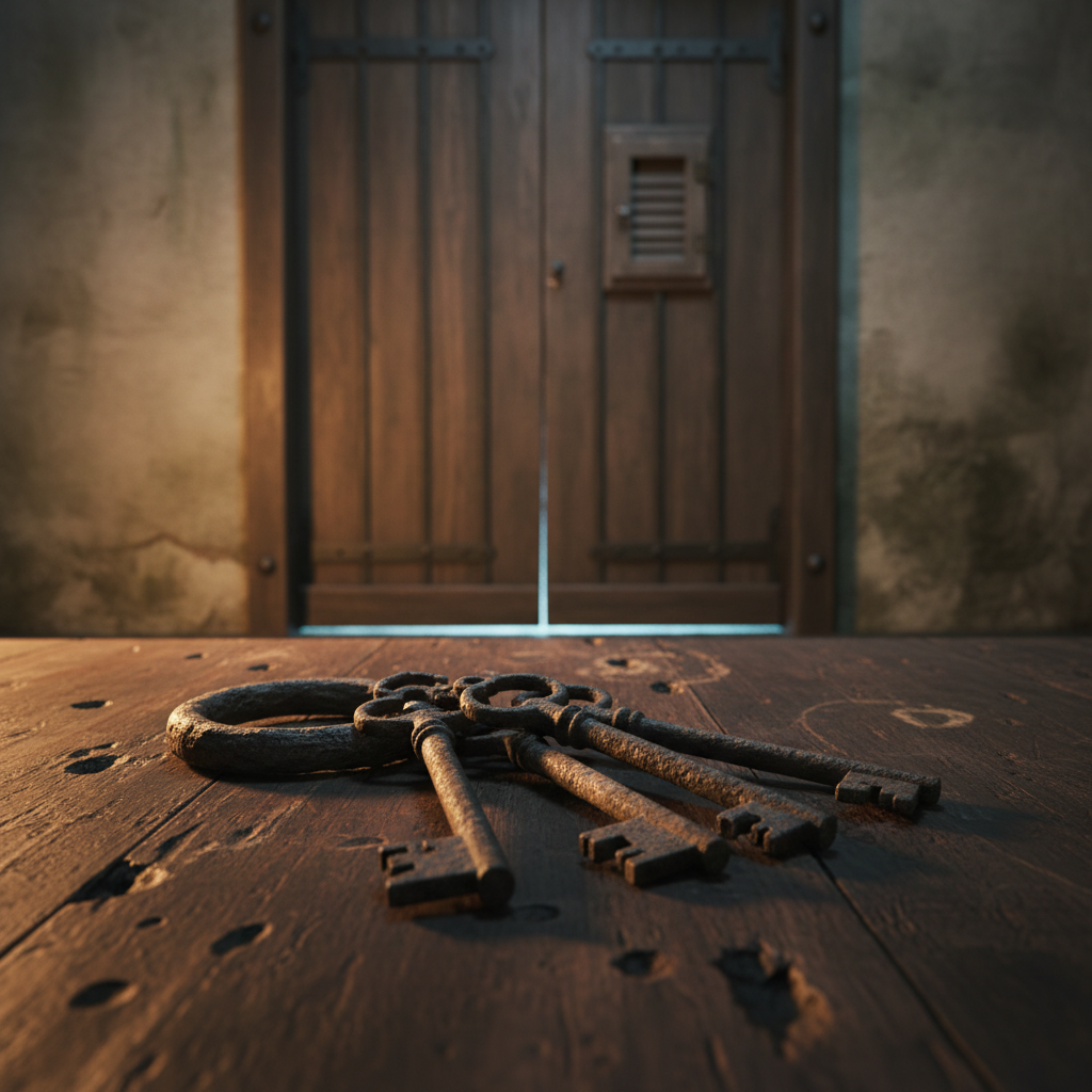 A heavy, iron keyring holding several old-fashioned, rusted keys lies on a scarred wooden table, its surface darkened by age and faint water rings. Behind it, slightly out of focus, looms a thick wooden door reinforced with vertical metal bars and a small, shuttered peephole, set into a rough plaster wall stained by time. A sliver of cold, bluish light seeps from beneath the door, contrasting with the warm, low lamp light illuminating the keys and casting intricate, elongated shadows. Photographic realism, shallow depth of field, close-up composition, creating a claustrophobic, suspenseful mood that suggests secrets, confinement, and forbidden spaces within a theatrical world.