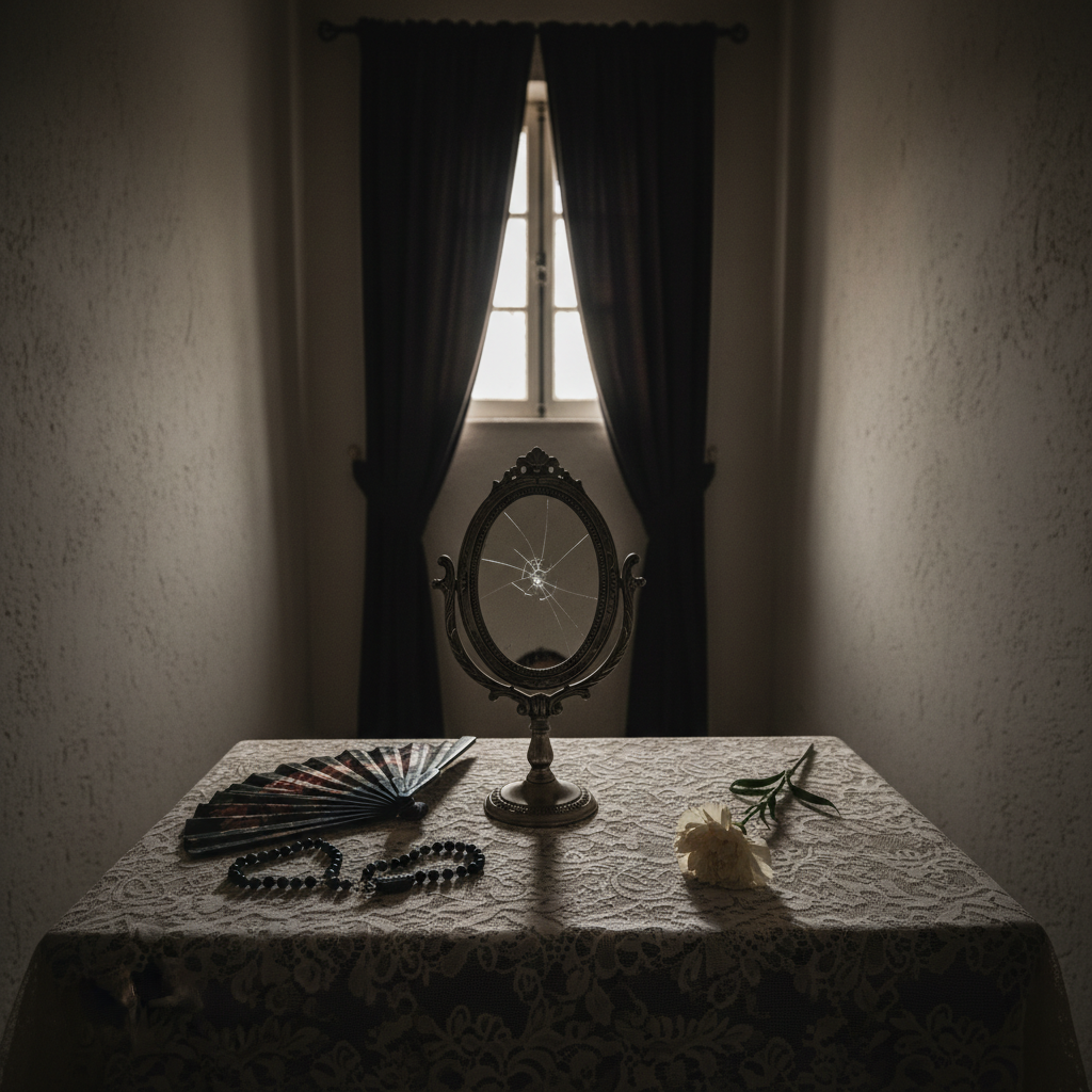 An antique handheld mirror with a cracked, oval glass and an intricately engraved silver frame rests on a lace-covered vanity table. The lace is slightly yellowed, and scattered around are a black rosary, a closed fan with dark floral patterns, and a single wilted white carnation. The room is small, with textured, off-white walls and a narrow window partially obscured by heavy, dark curtains. Late afternoon light filters in, creating a moody chiaroscuro effect, highlighting the crack in the mirror and plunging the edges into soft shadow. Photographic realism, shot from a slightly elevated angle, with a somber, introspective atmosphere evoking fractured identities and suffocating faith.