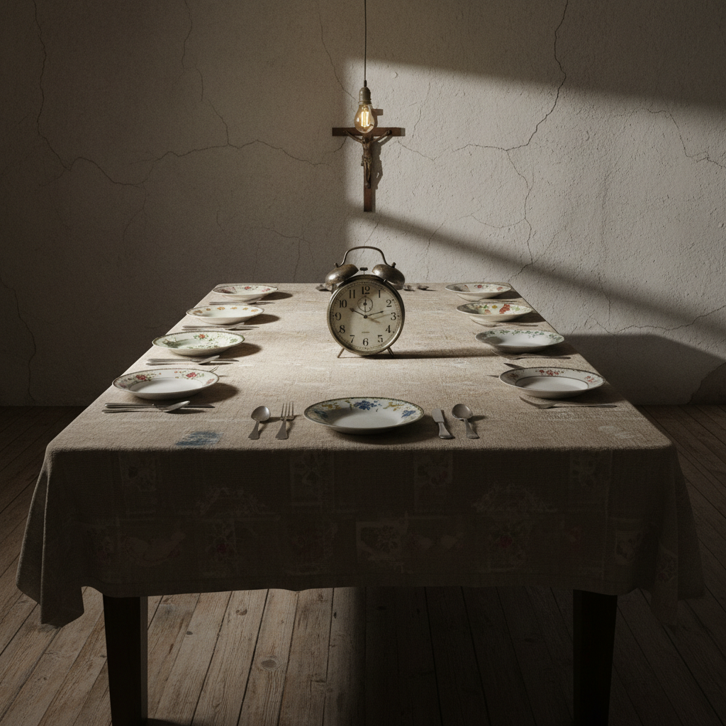 A long, rectangular wooden dining table is set with mismatched porcelain plates, simple cutlery, and a plain, stained tablecloth in an austere, rural dining room. At the center, an old, metal alarm clock stopped at a precise, ominous hour replaces the usual centerpiece. Behind it, the wall is bare except for a single small crucifix casting a thin shadow. A single bare bulb hangs low above the table, casting harsh, directional light that creates deep, angular shadows along the table’s edge and over the stopped clock. Photographic realism, eye-level composition with leading lines drawing the eye to the clock, generating a tense, ritualistic atmosphere of time suspended and destiny closing in.